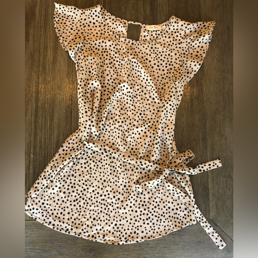 Full Moon Tie Front Maternity Top with Ruffle Sleeves, Beige w Black Polka Dots